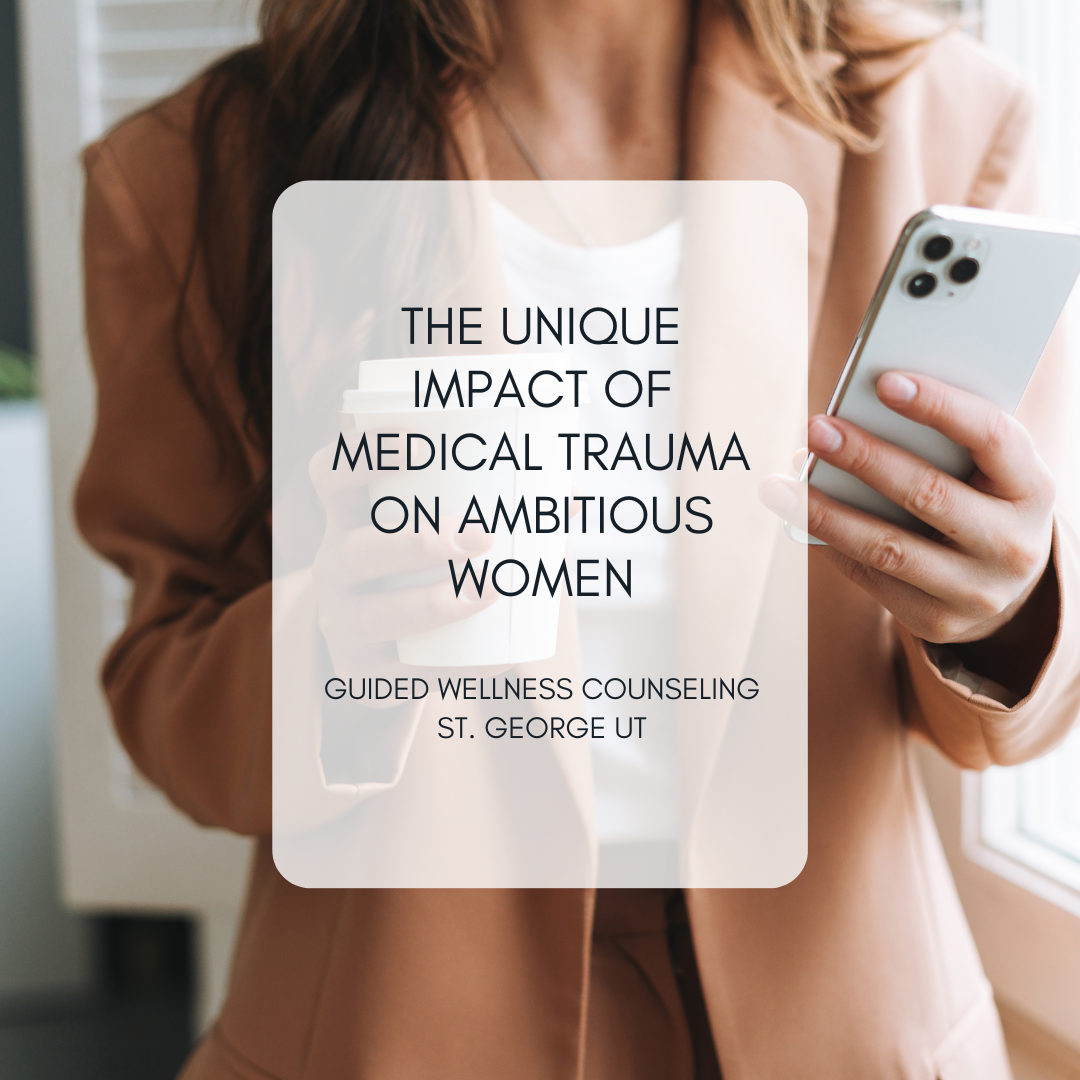 Woman reads trauma counseling ad on phone.