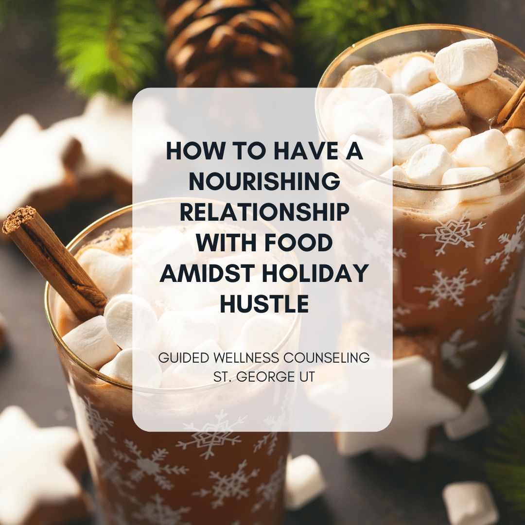 Hot chocolate with marshmallows, holiday wellness tips poster.