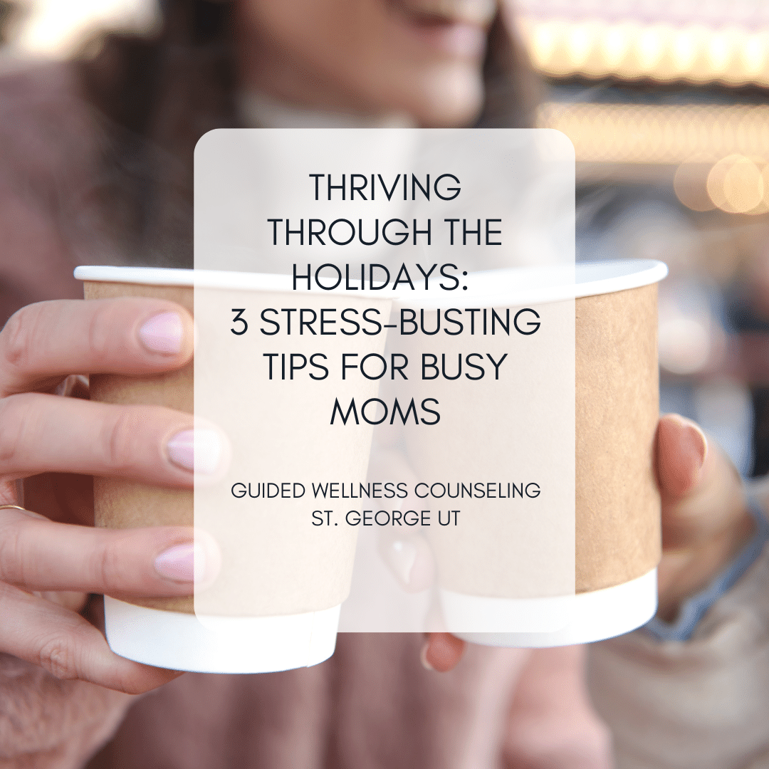 Stress relief tips flyer for moms holding coffee cups