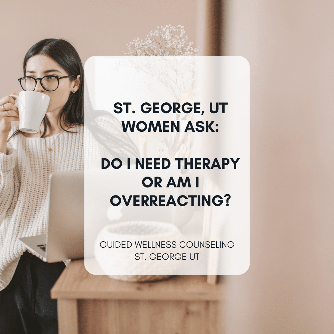 Woman contemplating therapy, St. George wellness counseling ad.