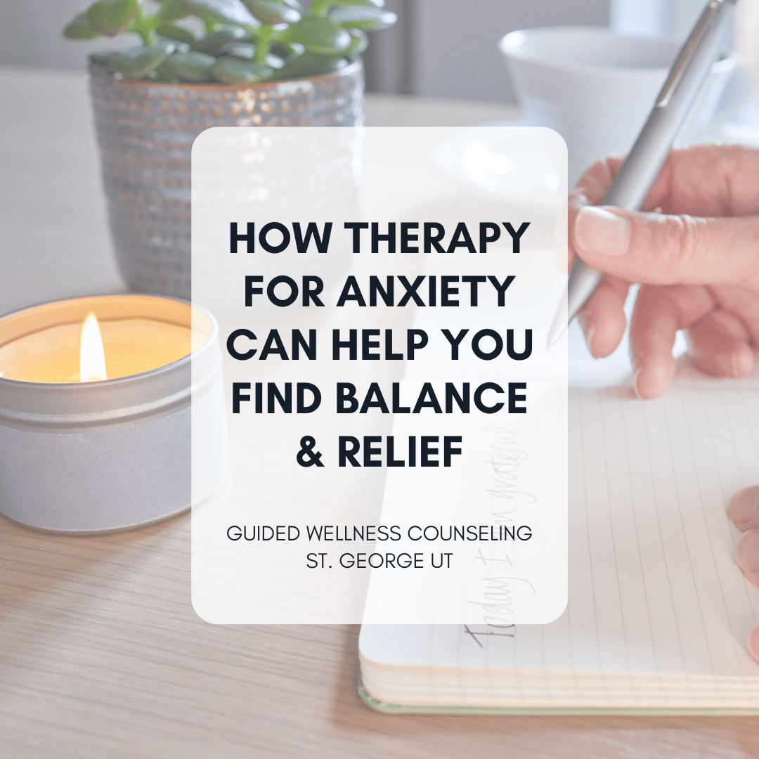 Anxiety therapy promotion with candle, plant, and note-taking.