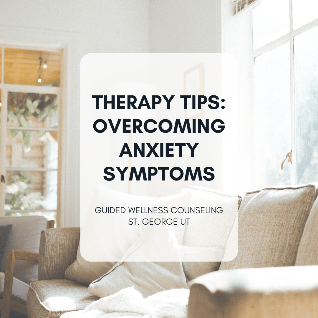Therapy tips poster for overcoming anxiety, cozy room backdrop.