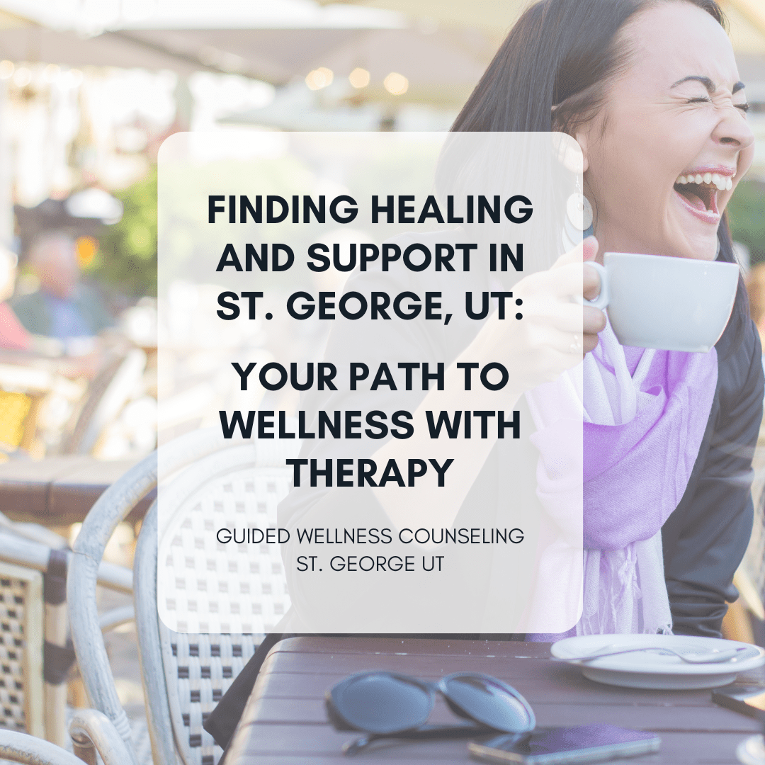 Woman laughing holding a coffee cup, wellness therapy ad.