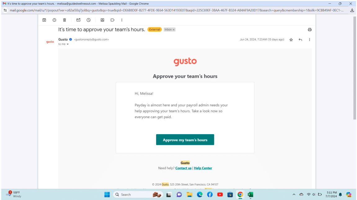 Screenshot of Gusto payroll approval reminder email.