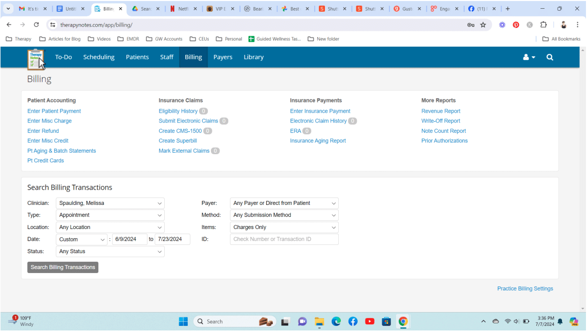 Screenshot of medical billing software interface.