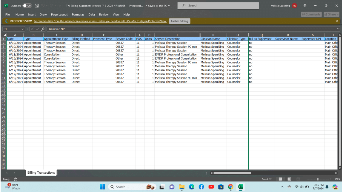 Screenshot of a therapy billing spreadsheet.